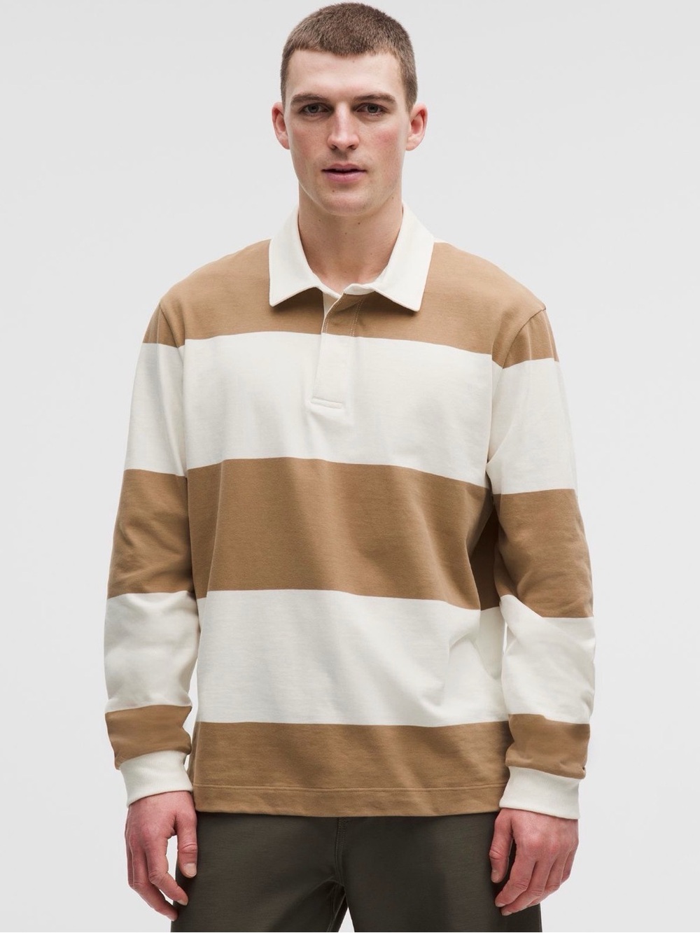 lululemon athletica Wide Stripe Rugby Polo in Cream & Tan